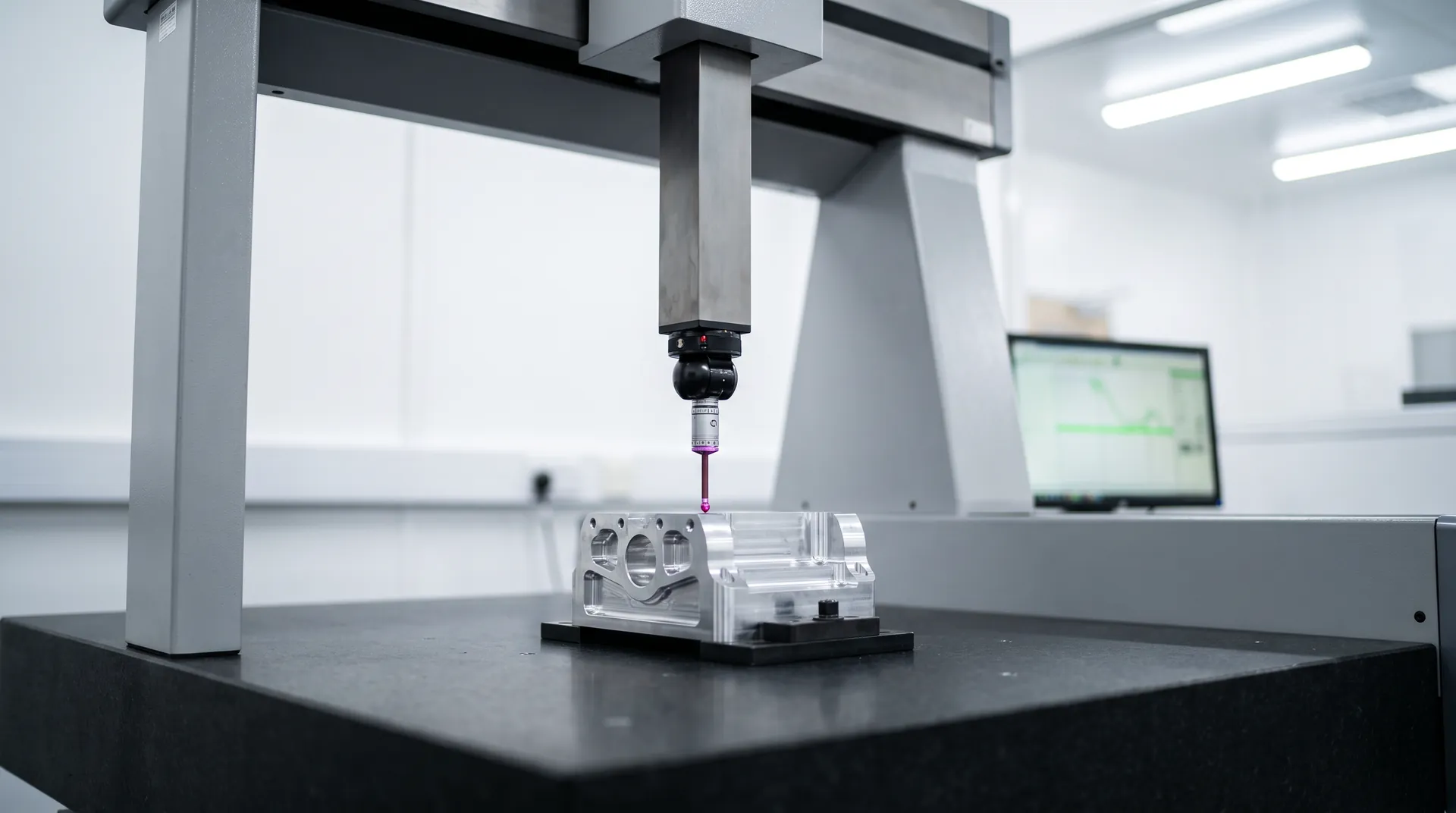 Palpeur de machine à mesurer tridimensionnelle sur une pièce en aluminium